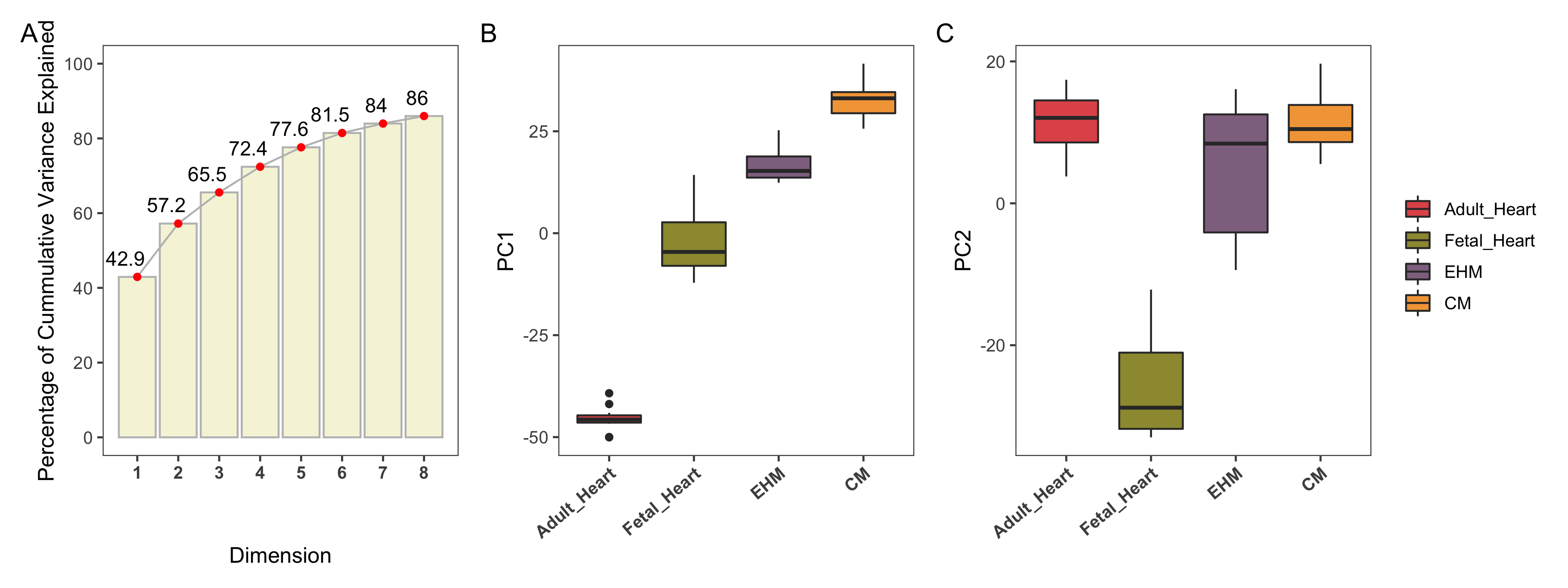A shows the cummulative variance explained by the PCs. B and C show the different groups plotted against PC1 and PC2 respectively.